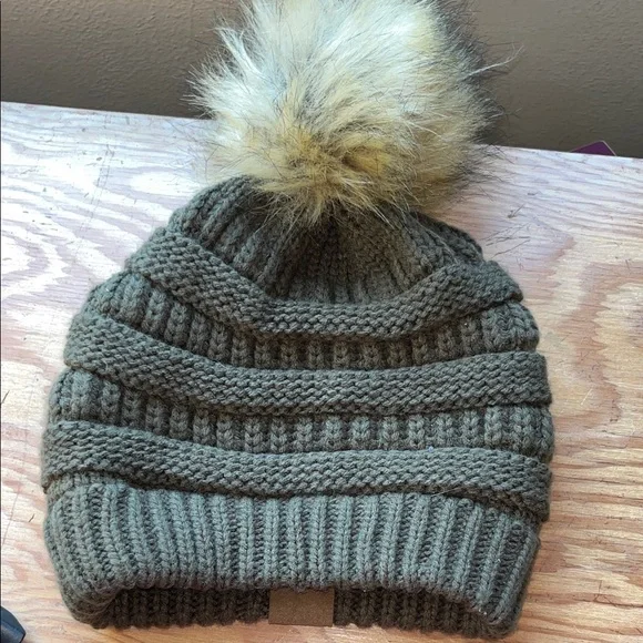 C.C Knit Beanie in Soft Green with Faux‎ Fur Pom - Picture 4 of 6